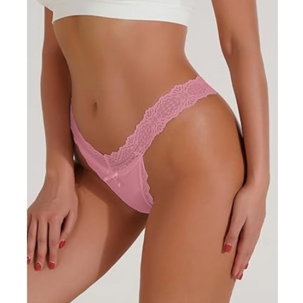 💋Sexy Panties Floral Lace Cut Out Thongs Mid Waist Underwear Pink